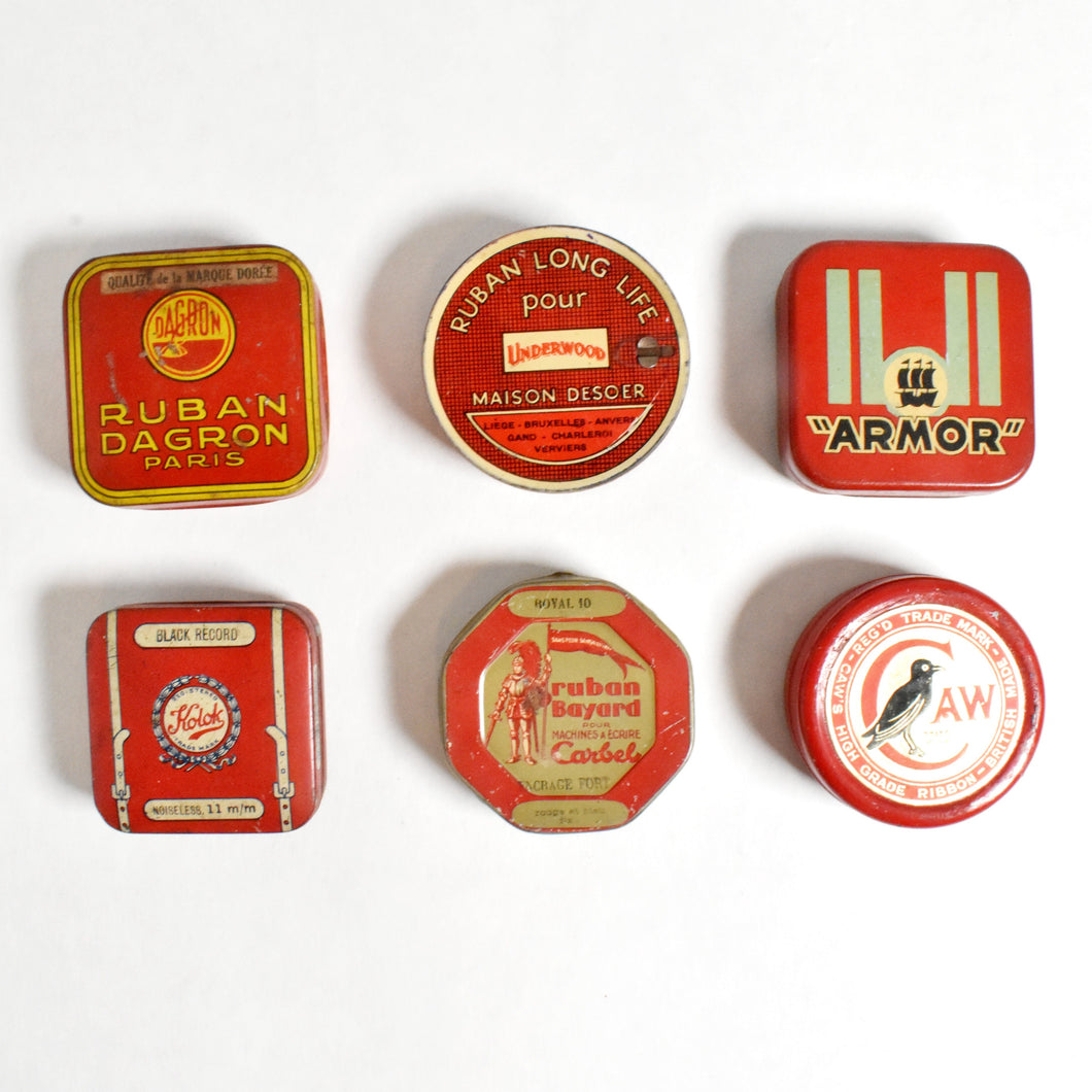 Set of 6 Vintage Typewriter Ribbon Tins - The Red Collection